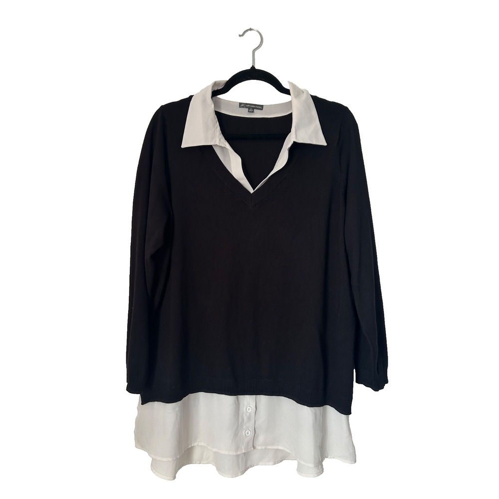 Adrianna Papell Twofer Sweater SZ 1X Black White Layered Collared Preppy Office